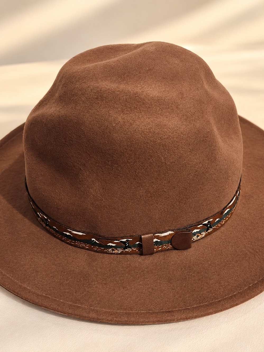 Men's Brown Felt Fedora with Patterned Leather Band
